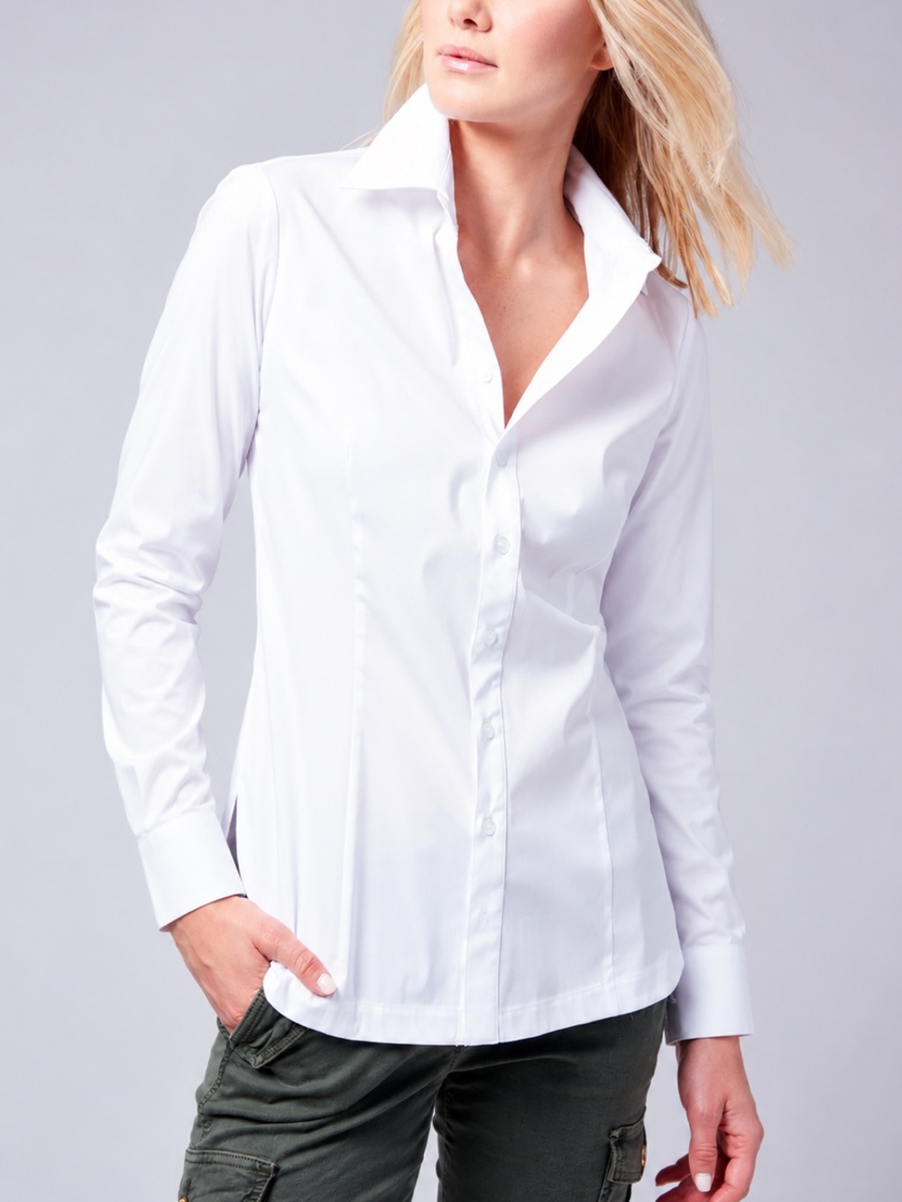 Finley Joey White Poplin Button Down Blouse Tailored Shape